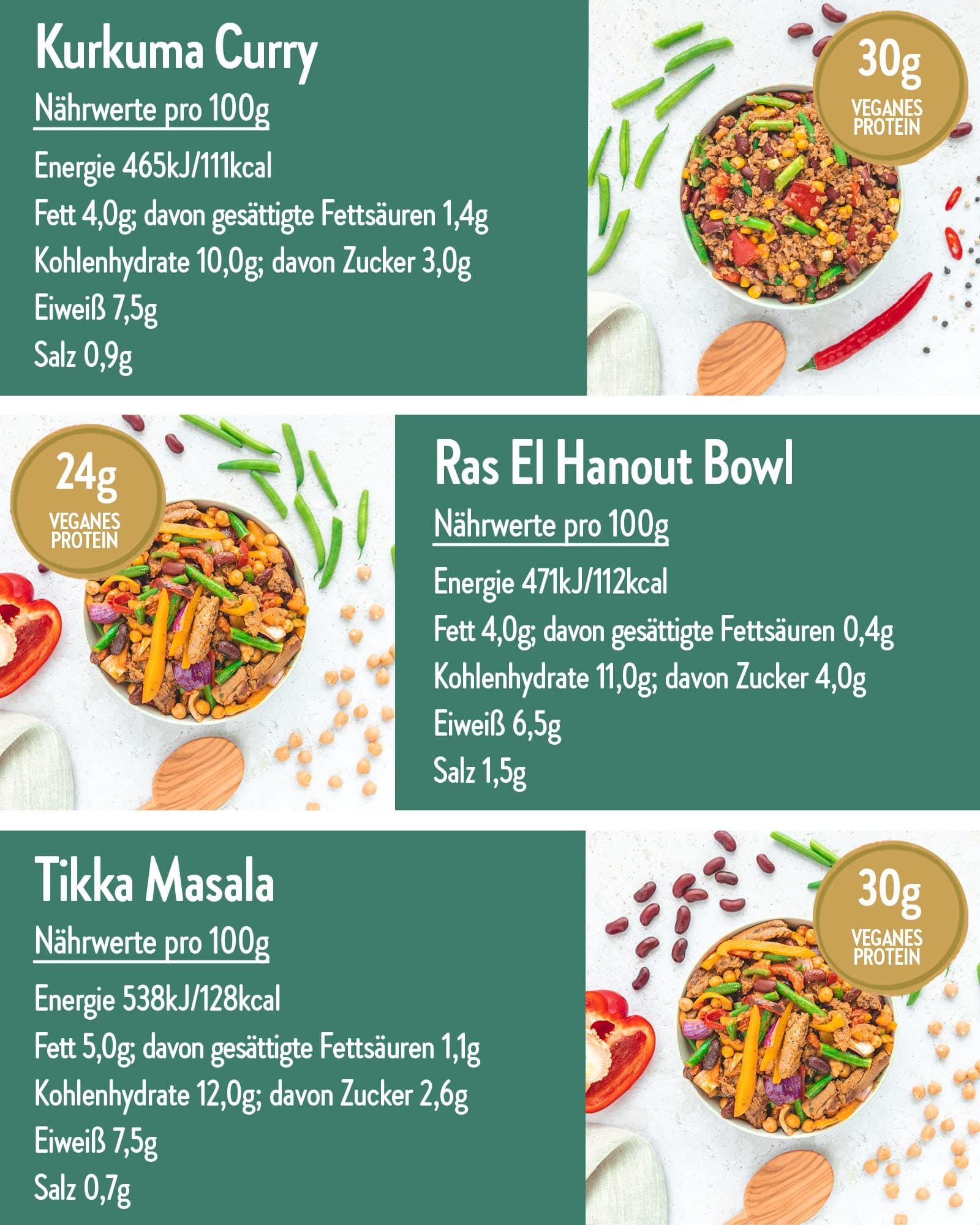 Zwei Tafeln mit Nährwertangaben und Abbildungen von veganen Gerichten. Text: Kurkuma Curry, 30g veganes Protein, Ras El Hanout Bowl, 24g veganes Protein.