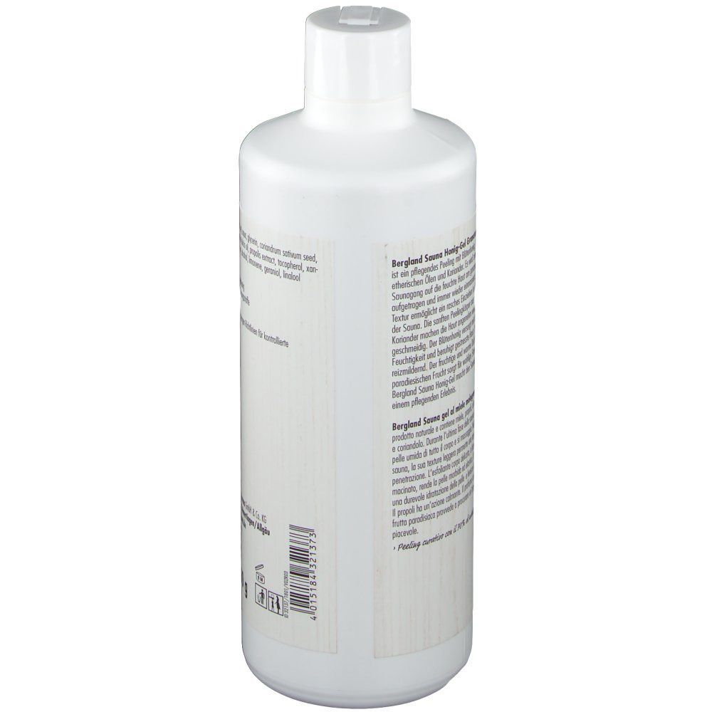 Weiße Flasche mit Schraubverschluss. Aufkleber mit Text. Rückansicht. Text in deutscher Sprache. Barcode unten links.