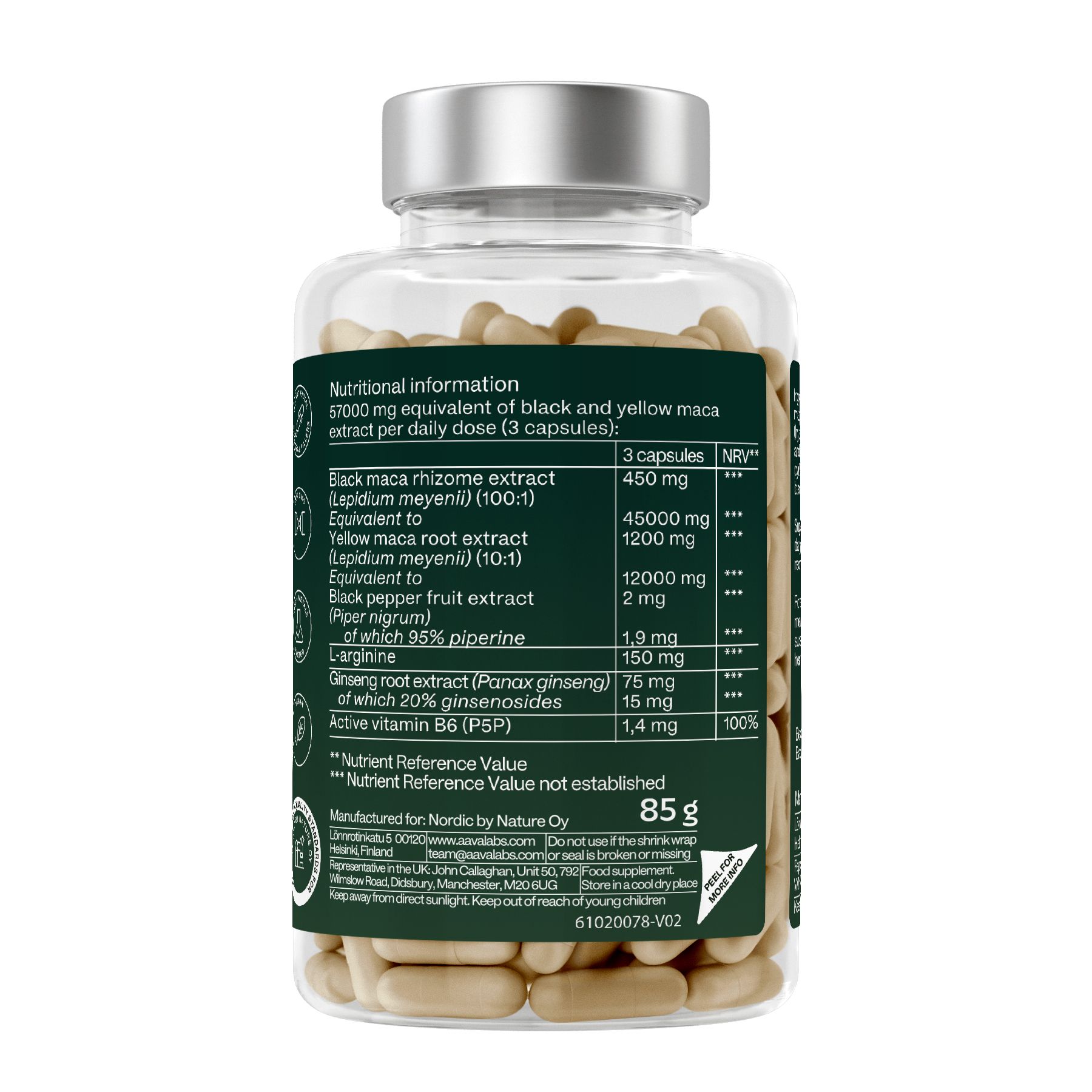 Rückseite der Flasche mit Kapseln. Grünes Etikett mit Text. Nährwertangaben pro 3 Kapseln.