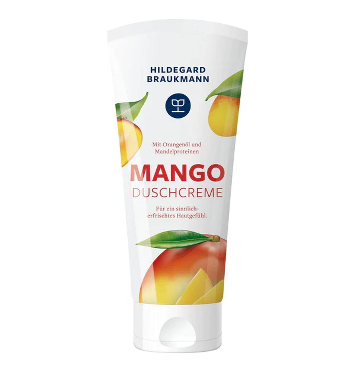 Tube Mango Duschcreme. Weiß, mit Logo und Produktnamen. Mango-Illustrationen und Text: 'Mit Orangenöl und Mandelproteinen'.