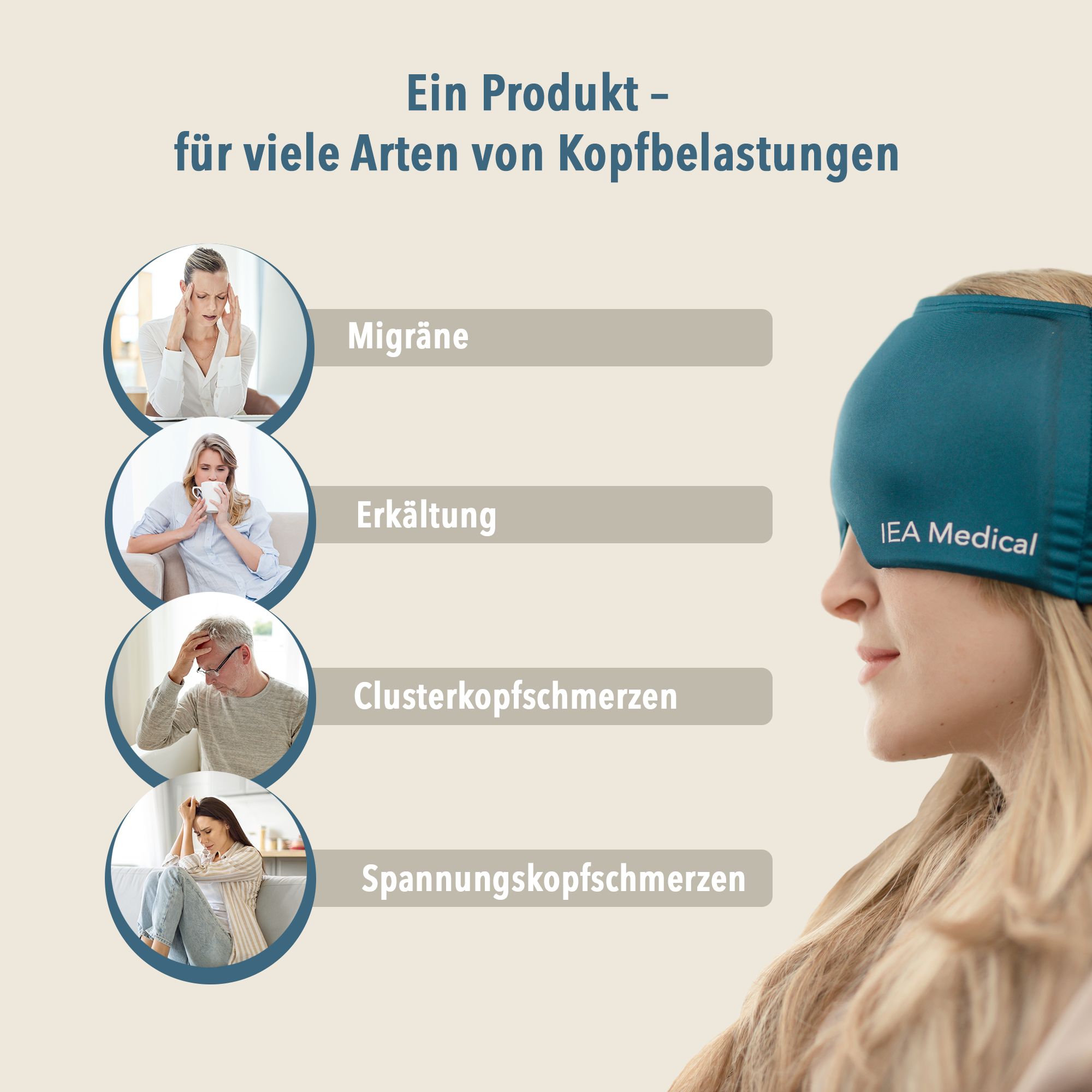 Frau mit blauem Kopfband. Text: Ein Produkt - für viele Arten von Kopfbelastungen. IEA Medical-Logo.