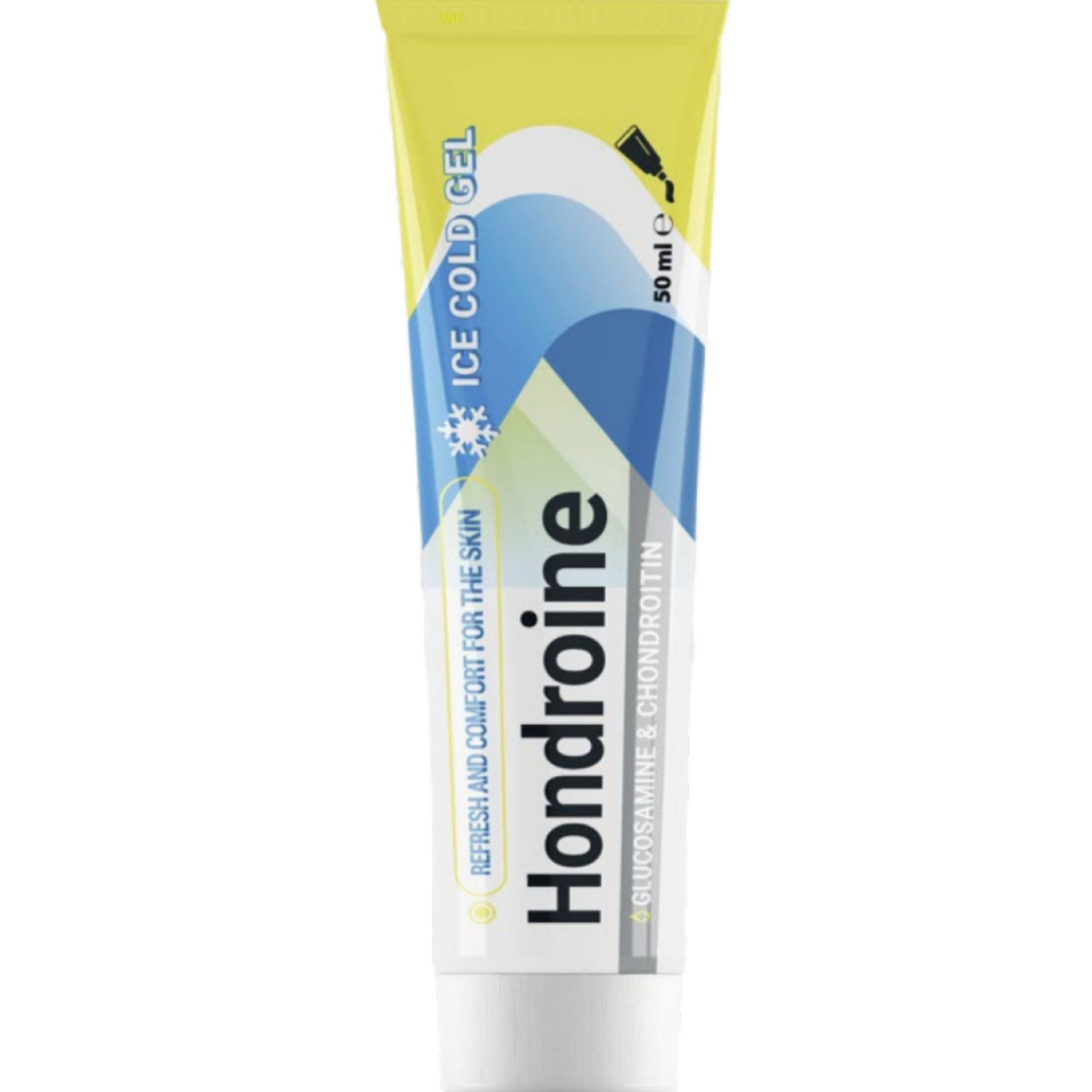 Tube mit Hondroine Ice Cold Gel. Aufschrift: Glucosamin & Chondroitin. Gelb, blau und weiß.