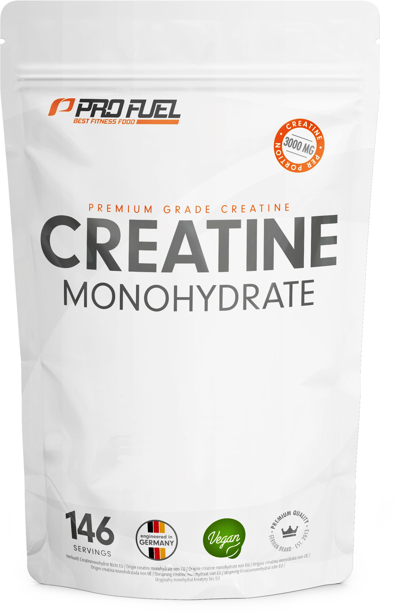 Weiße Verpackung mit ProFuel Logo, "CREATINE MONOHYDRATE" und "PREMIUM GRADE CREATINE".