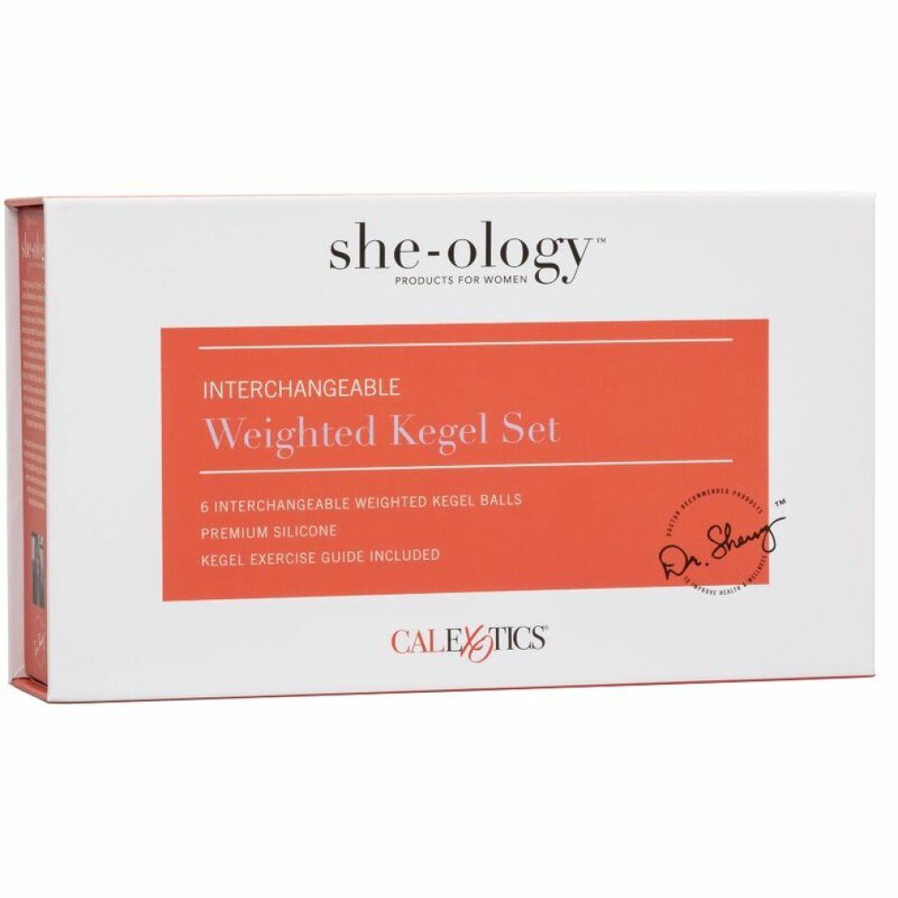 Verpackung des Kegel-Sets. Weiß mit orangefarbenem Streifen. Text: She-ology, California Exotics.