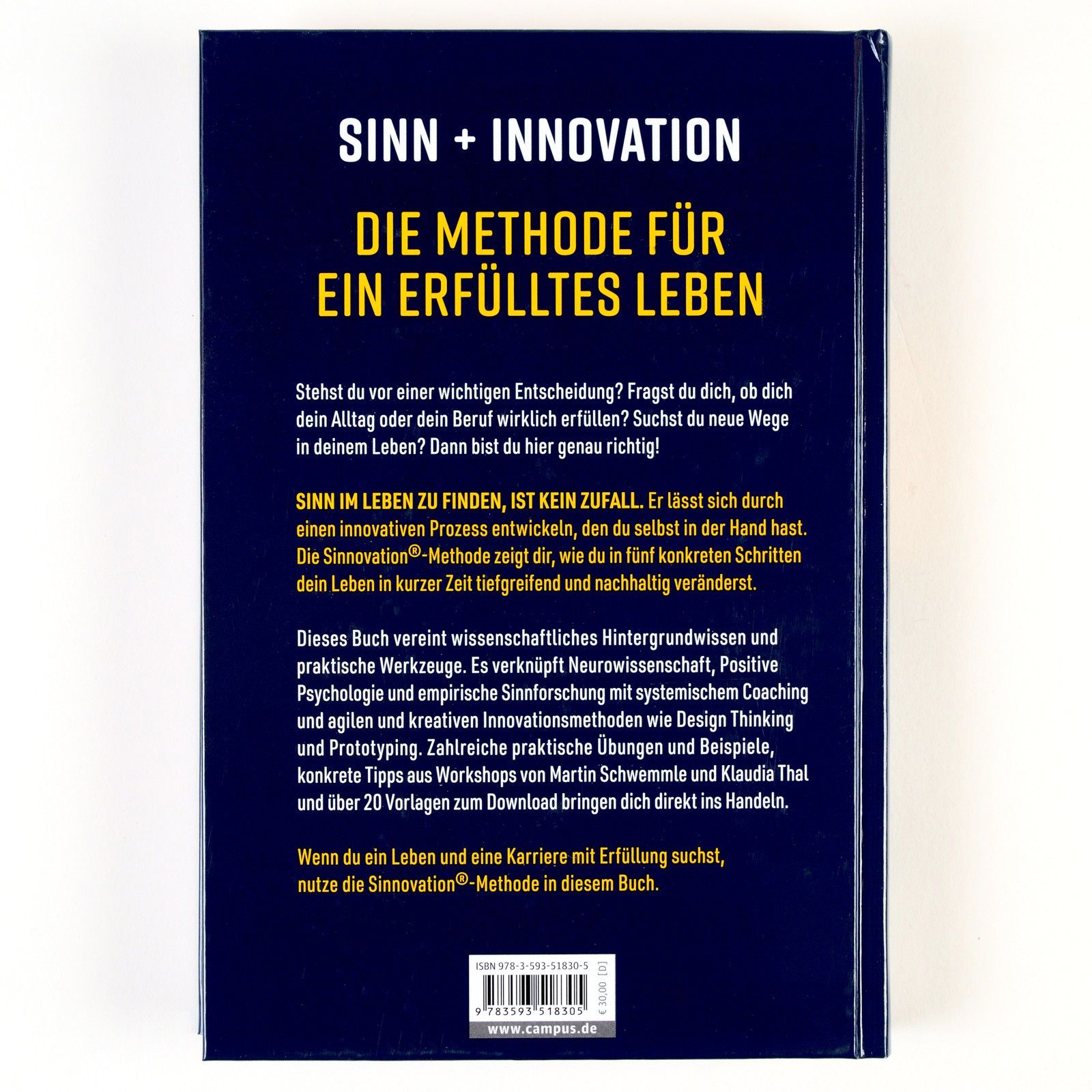 Buchrückseite mit Text. Titel "Sinn + Innovation". Text in Weiß auf blauem Hintergrund. ISBN-Code und Verlagslogo unten.