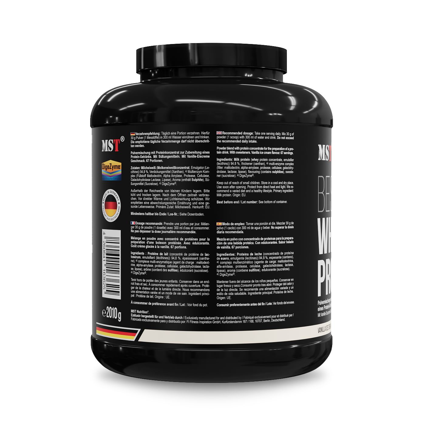 Rückseite eines schwarzen MST Best Whey Protein Behälters mit Anwendungshinweisen und Inhaltsstoffen.