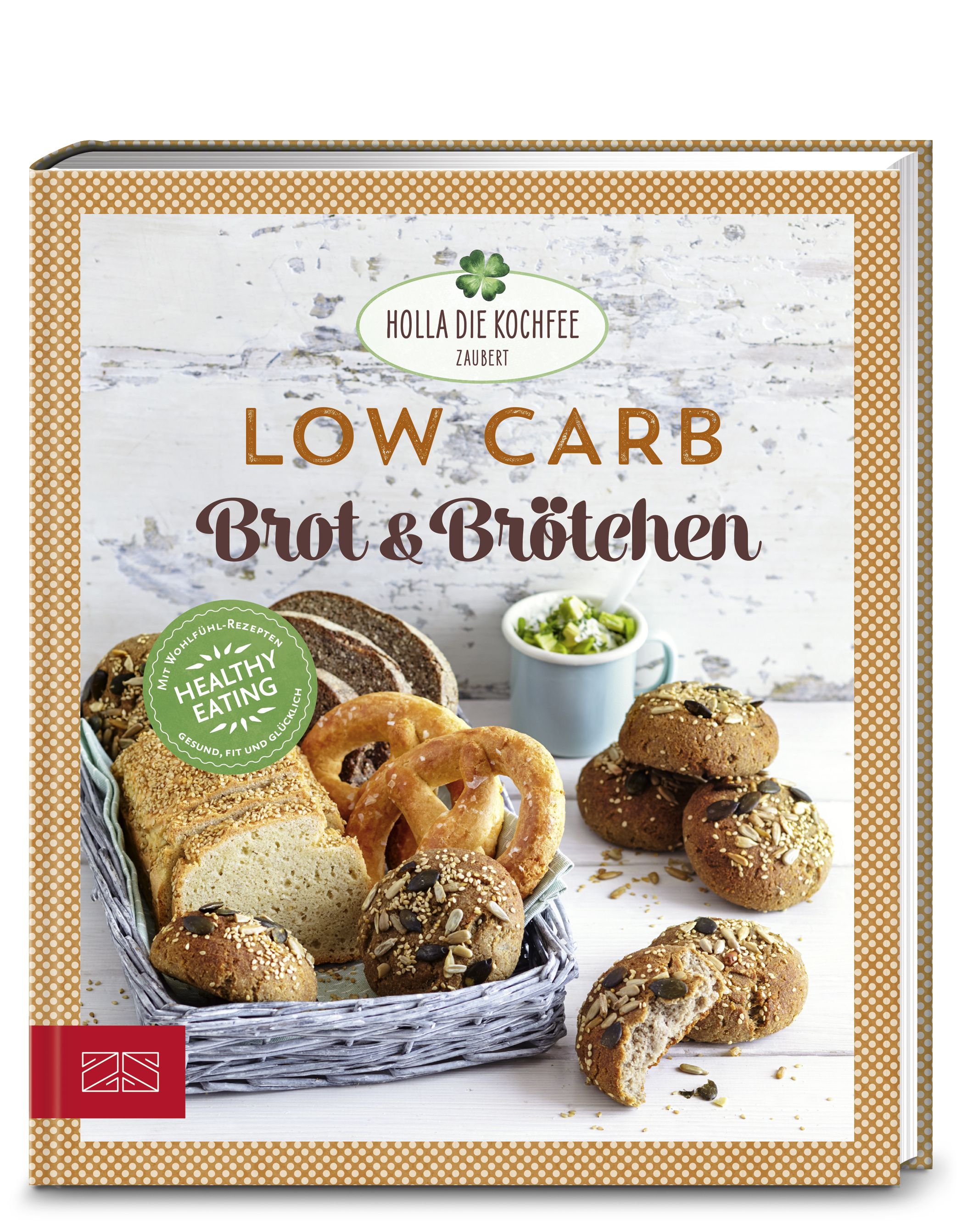 Buchcover mit dem Titel "Low Carb Brot & Brötchen". Abgebildet sind verschiedene Brotsorten und Brötchen in einem Korb.