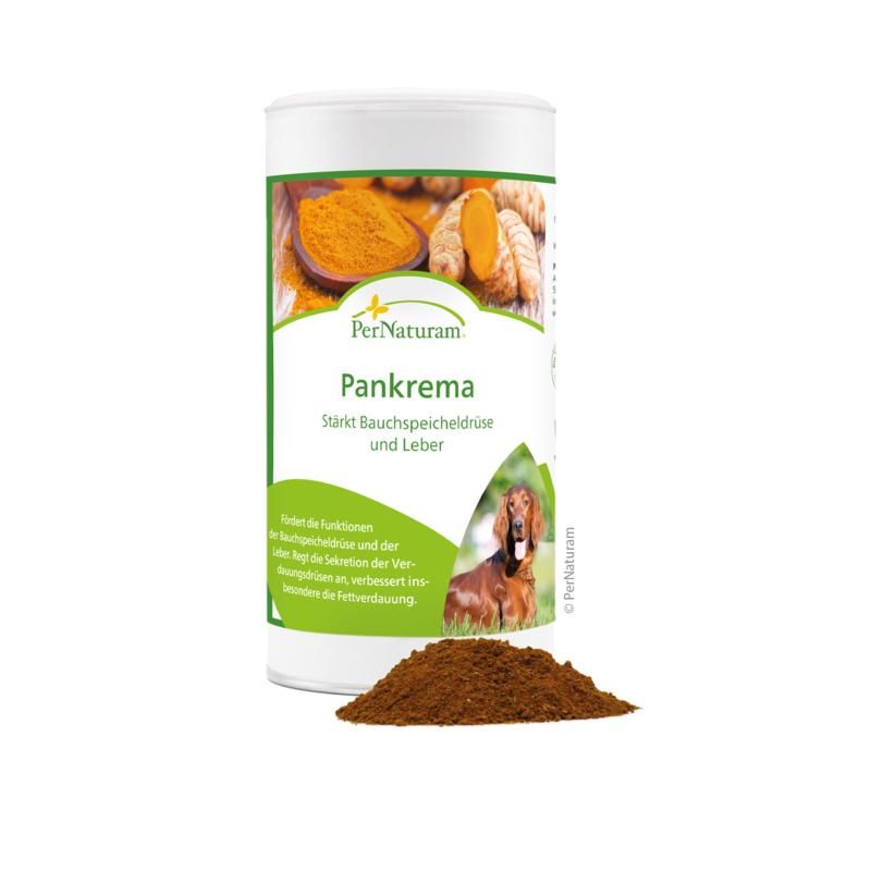 Per Naturam Pankrema Dose mit Pulver und Abbildung von Kurkuma und Hund.