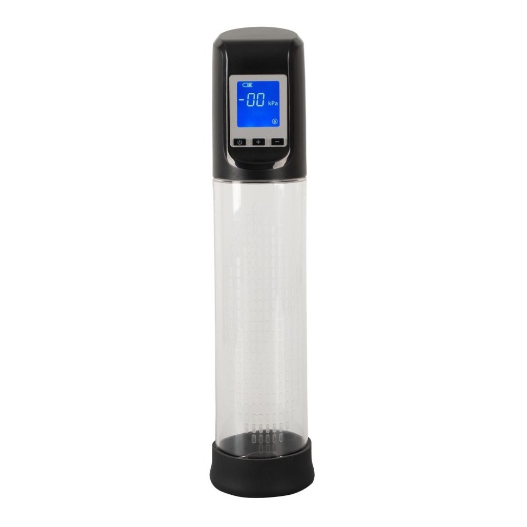 Schwarze Pumpe mit transparentem Zylinder und digitalem Display. Das Display zeigt eine blaue Anzeige mit Zahlen.