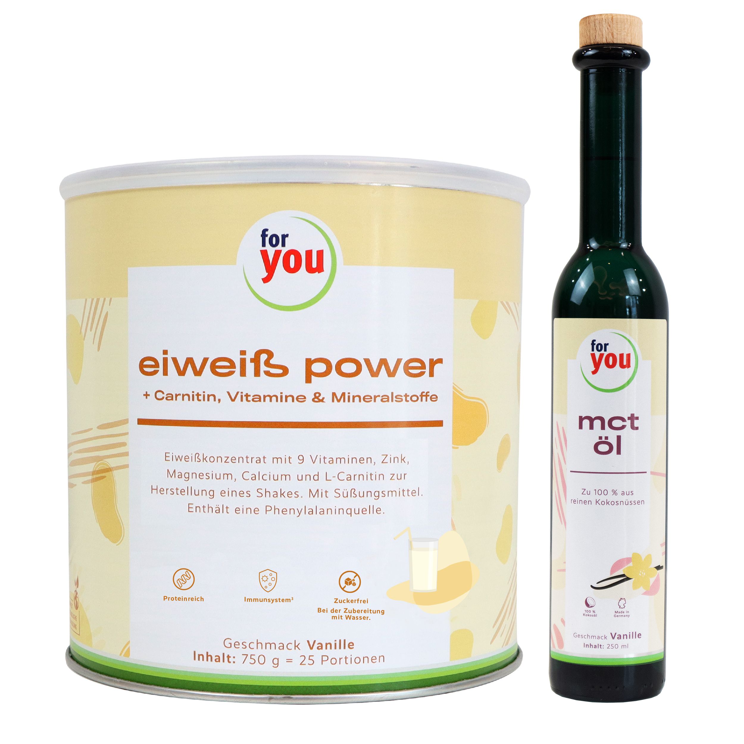 Dose 'for you Eiweiß Power' und Flasche 'mct Öl'. Text: Eiweißkonzentrat mit Vitaminen, Mineralstoffen, Geschmack Vanille.