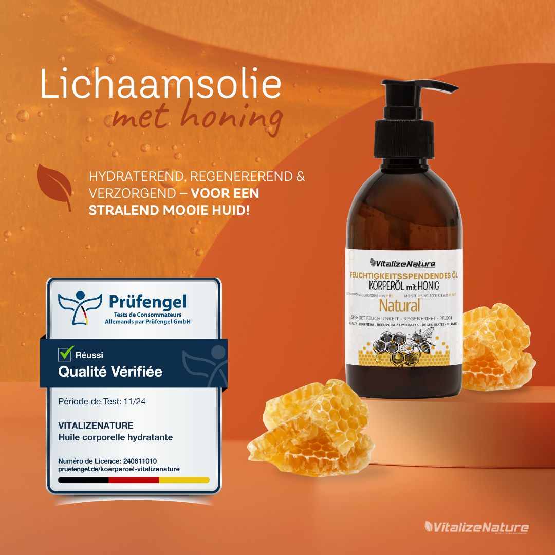 Grafiek met ingrediënten: honing, amandelolie, druivenpitolie, avocado-olie, vitamine E. Tekst: Natuurlijke verzorging.