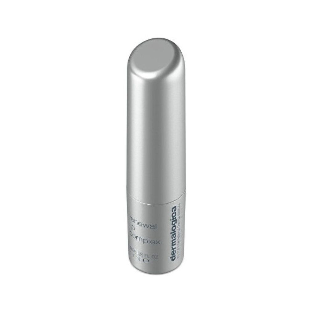 Silberfarbener Lippenbalsam mit abgerundeter Kappe. Aufschrift: renewal lip complex, AGE smart, Dermalogica.