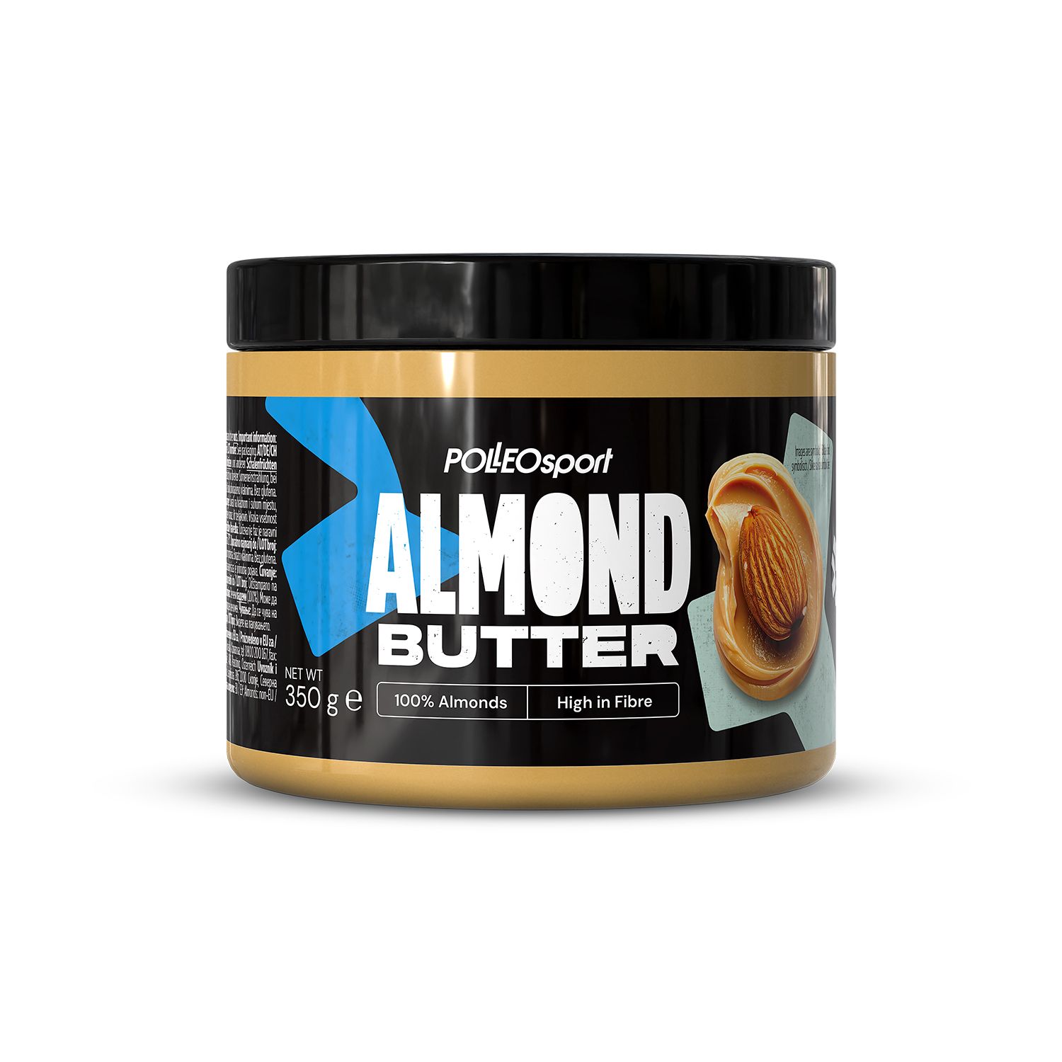 Pott Mandelbutter mit schwarzem Deckel. Etikett mit "POLLOSport ALMOND BUTTER" und einem Bild von Mandeln.