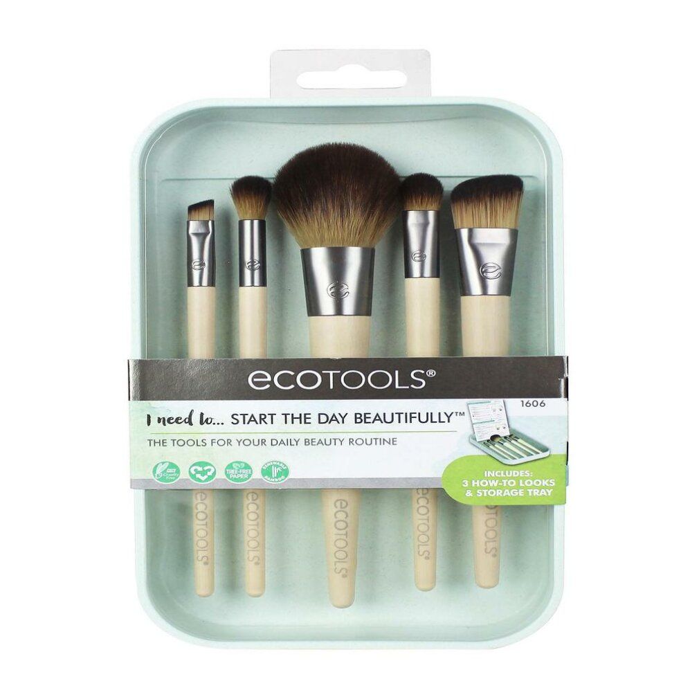 Make-up-Pinsel-Set in hellgrüner Verpackung. Sechs Pinsel mit hellen Holzgriffen und dunklen Borsten. Produktname und Text auf der Verpackung.