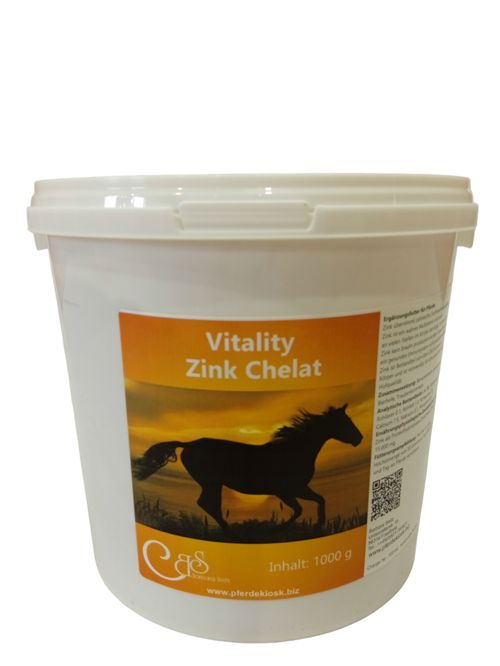 Weißer Eimer mit Vitality Zink Chelat Aufkleber, 1000g Inhalt, mit Pferdesilhouette.