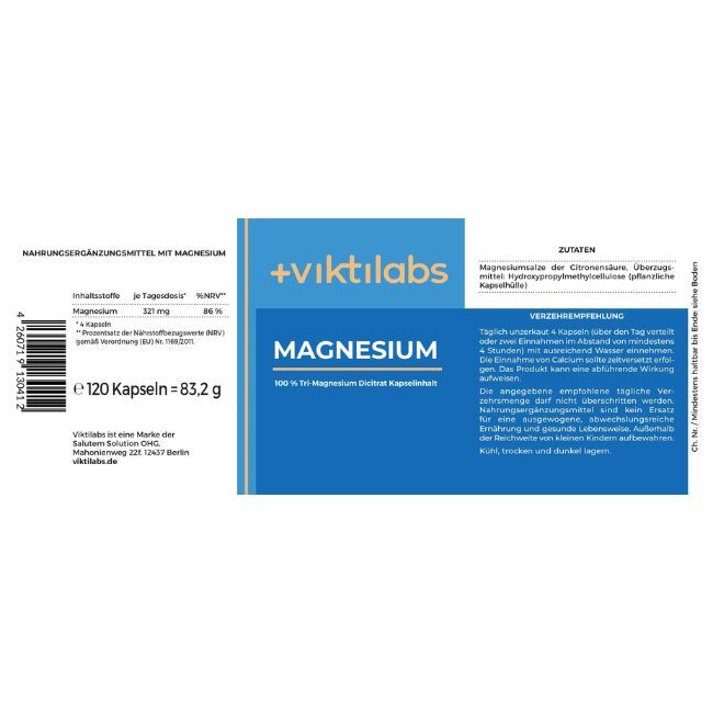Etikett einer Flasche mit Magnesium. Text: Nahrungsergänzungsmittel. 120 Kapseln. 83,2 g. Verzehrempfehlung.