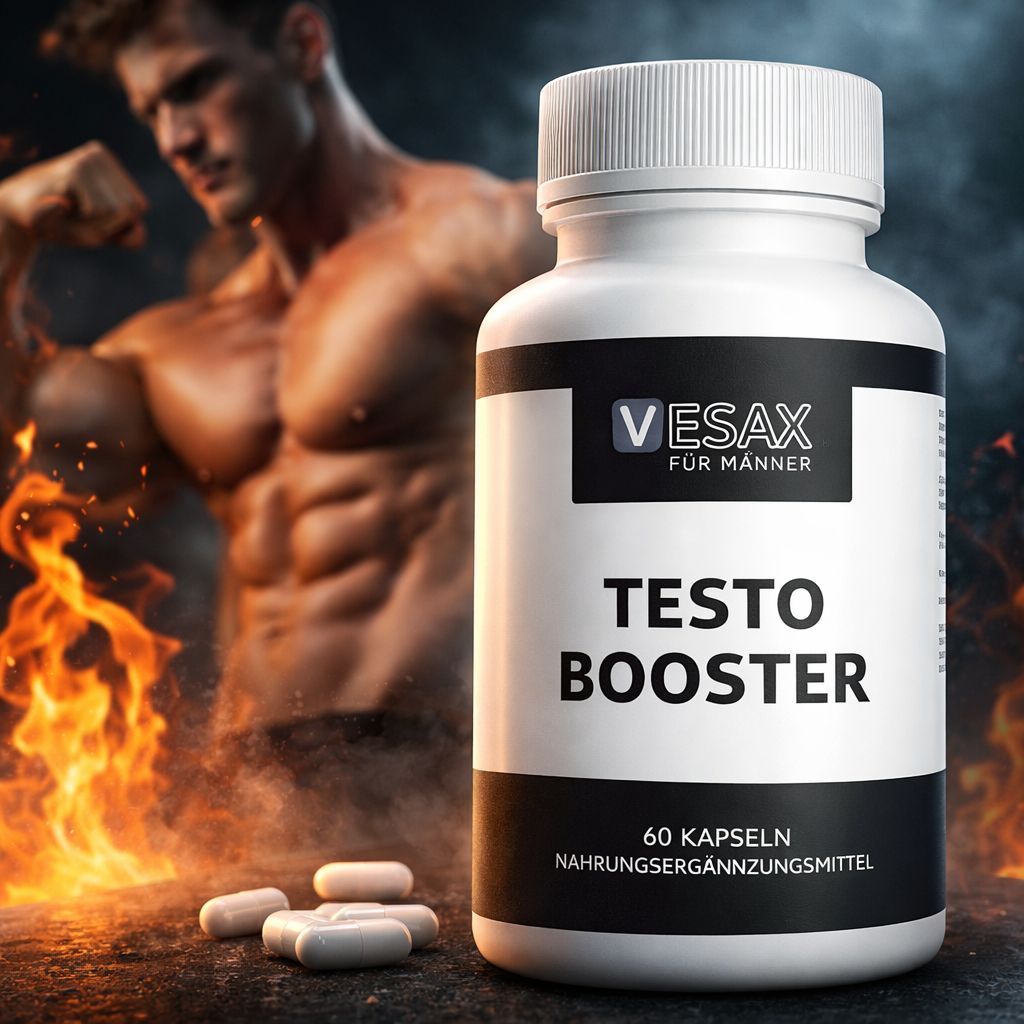 Weiße Flasche mit schwarzem Etikett. Aufschrift: Vesax, Testo Booster, 60 Kapseln. Im Hintergrund ein Mann und Flammen.