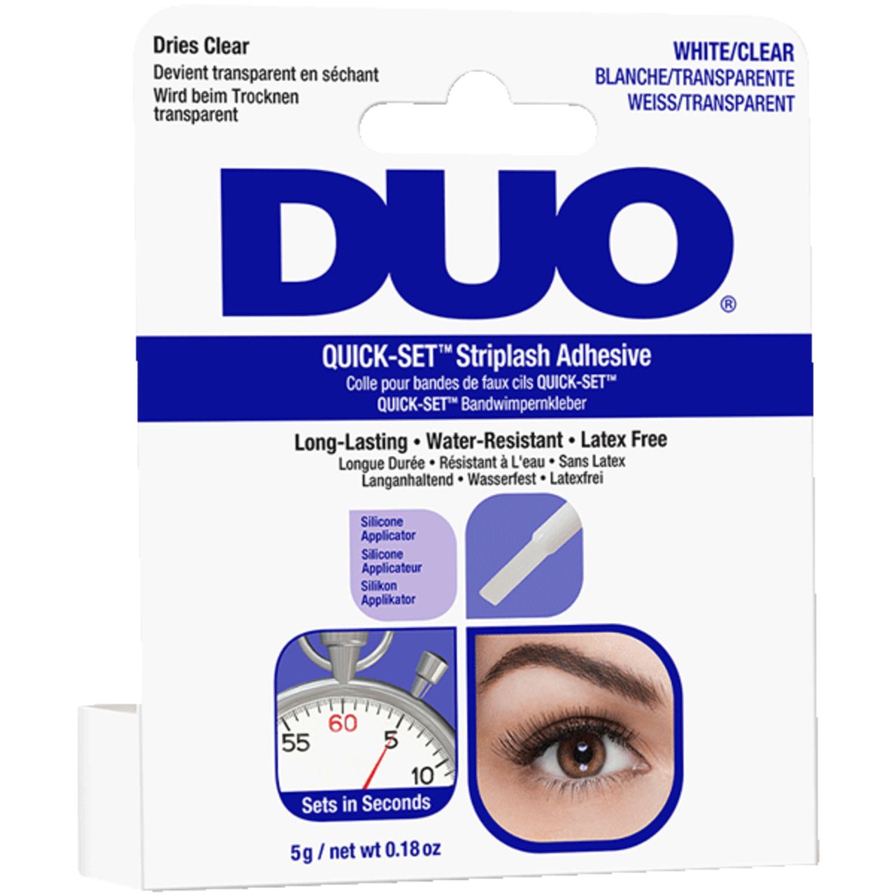 Verpackung mit weißem und blauem Aufdruck. Enthält Kleber für Wimpern. Text: DUO QUICK-SET Striplash Adhesive.