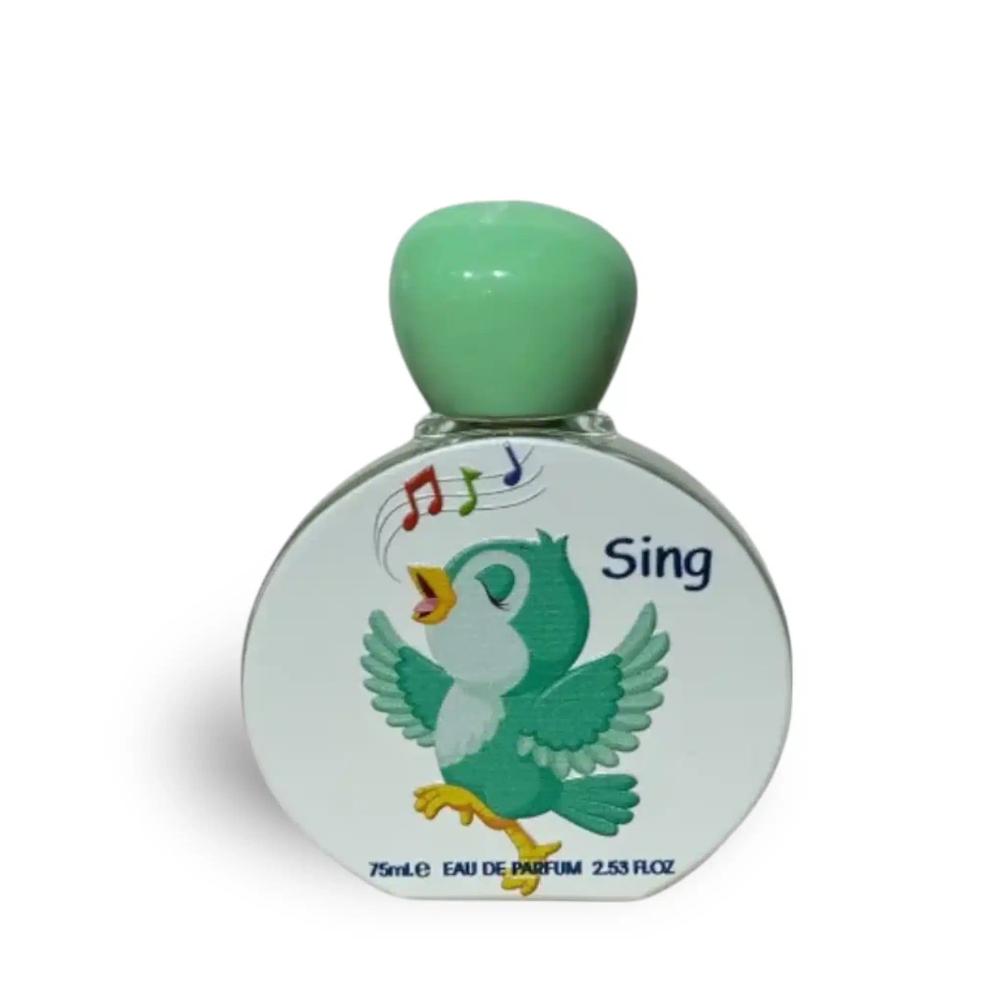 Runder Flakon mit grünem Deckel. Aufkleber mit Vogel-Illustration und Schriftzug "Sing".