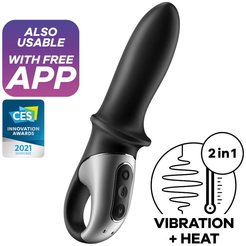 Schwarz-silberner Vibrator mit Ringgriff und Bedienknöpfen. Mit App-Hinweis und Auszeichnung.