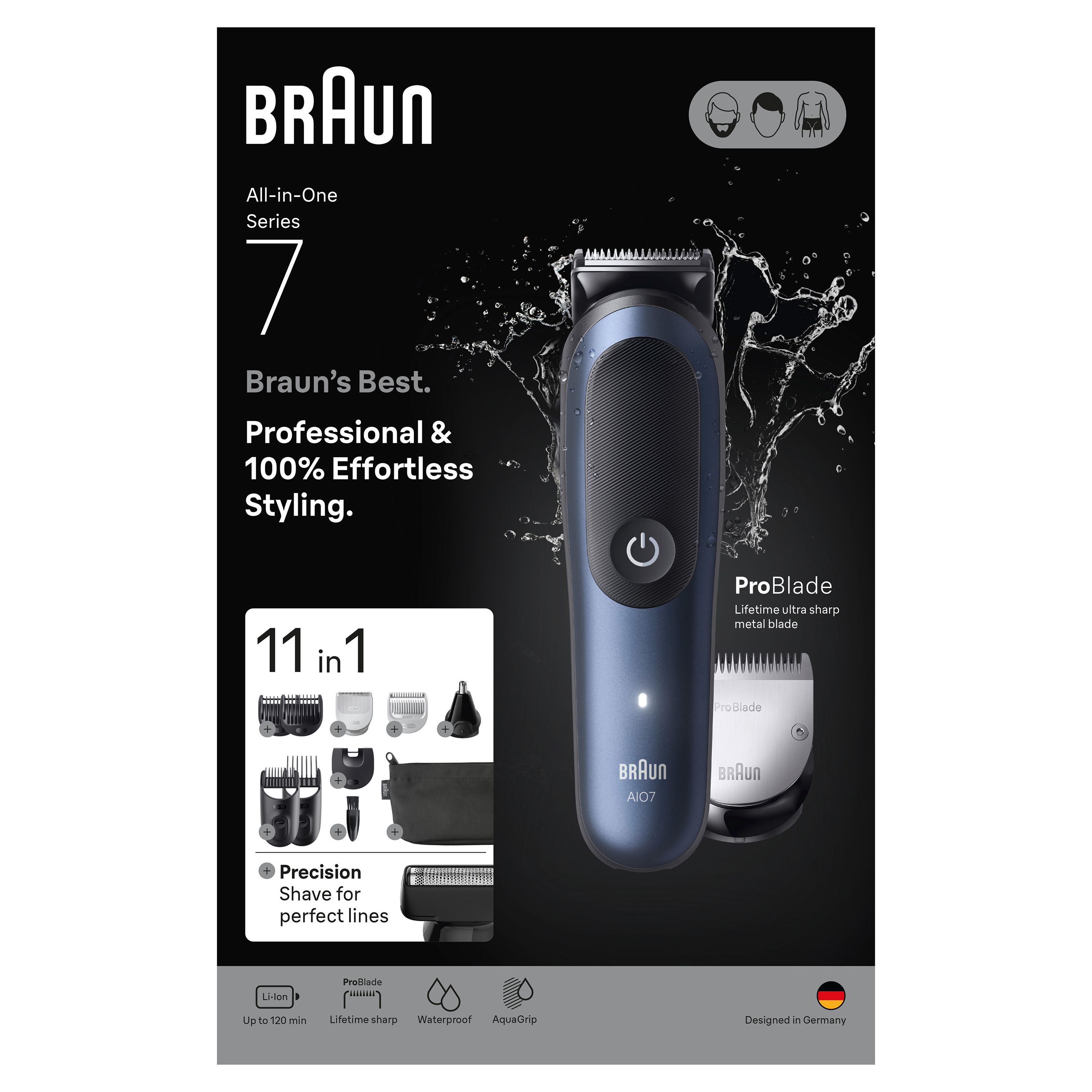 Braun Series 7 AIO7540. Trimmer, Zubehör, Verpackung. Text: Braun's Best. 11 in 1. Wasserfest. Hergestellt in Deutschland.