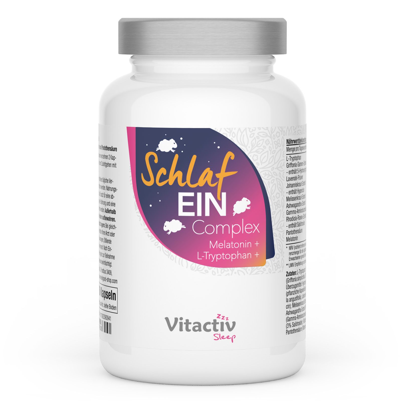 Weiße Flasche mit silbernem Deckel. Etikett mit "Schlaf EIN Complex" und "Vitactiv Sleep".