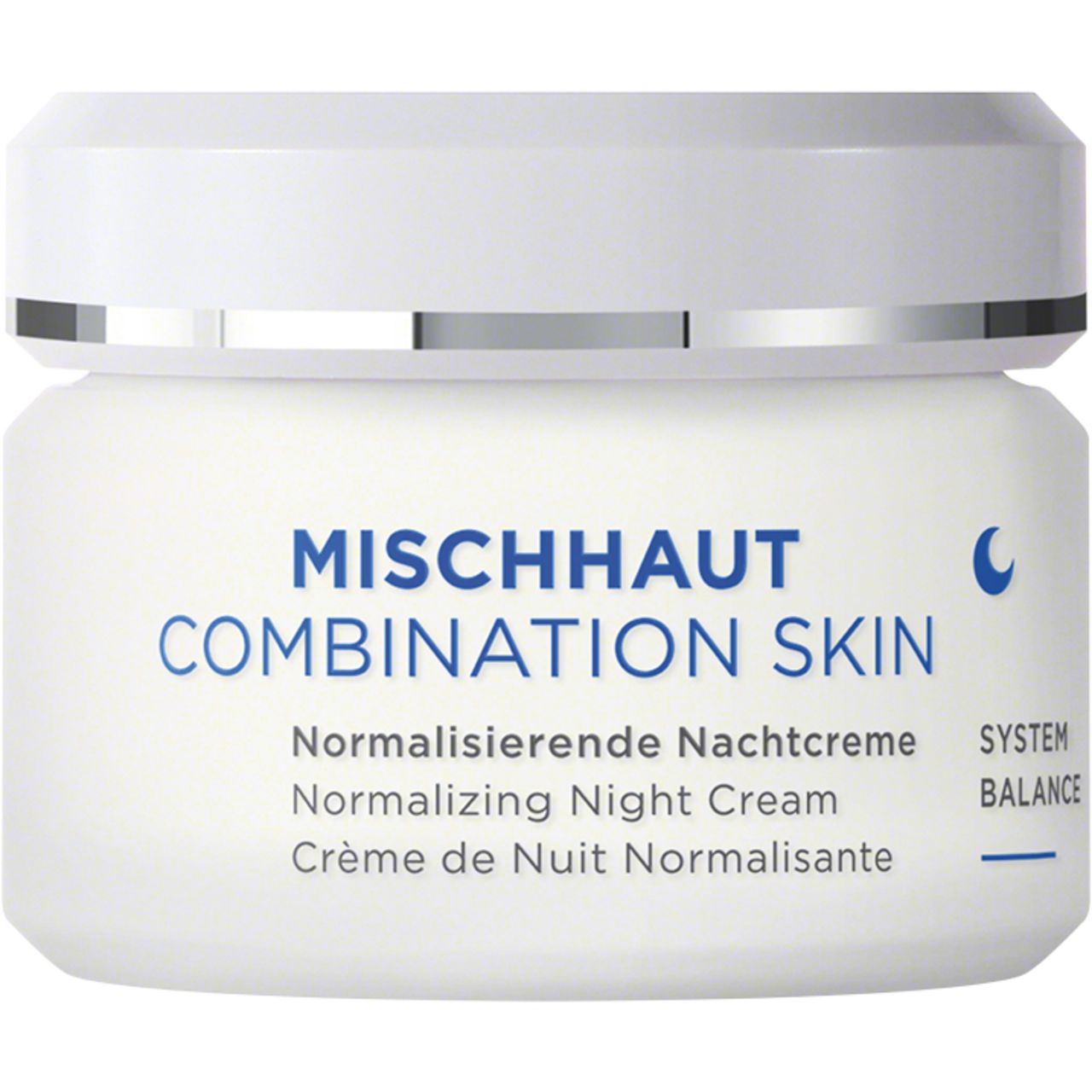 Creme-Tiegel mit weißem Deckel. Aufschrift: MISCHHAUT COMBINATION SKIN. Text: Normalisierende Nachtcreme.