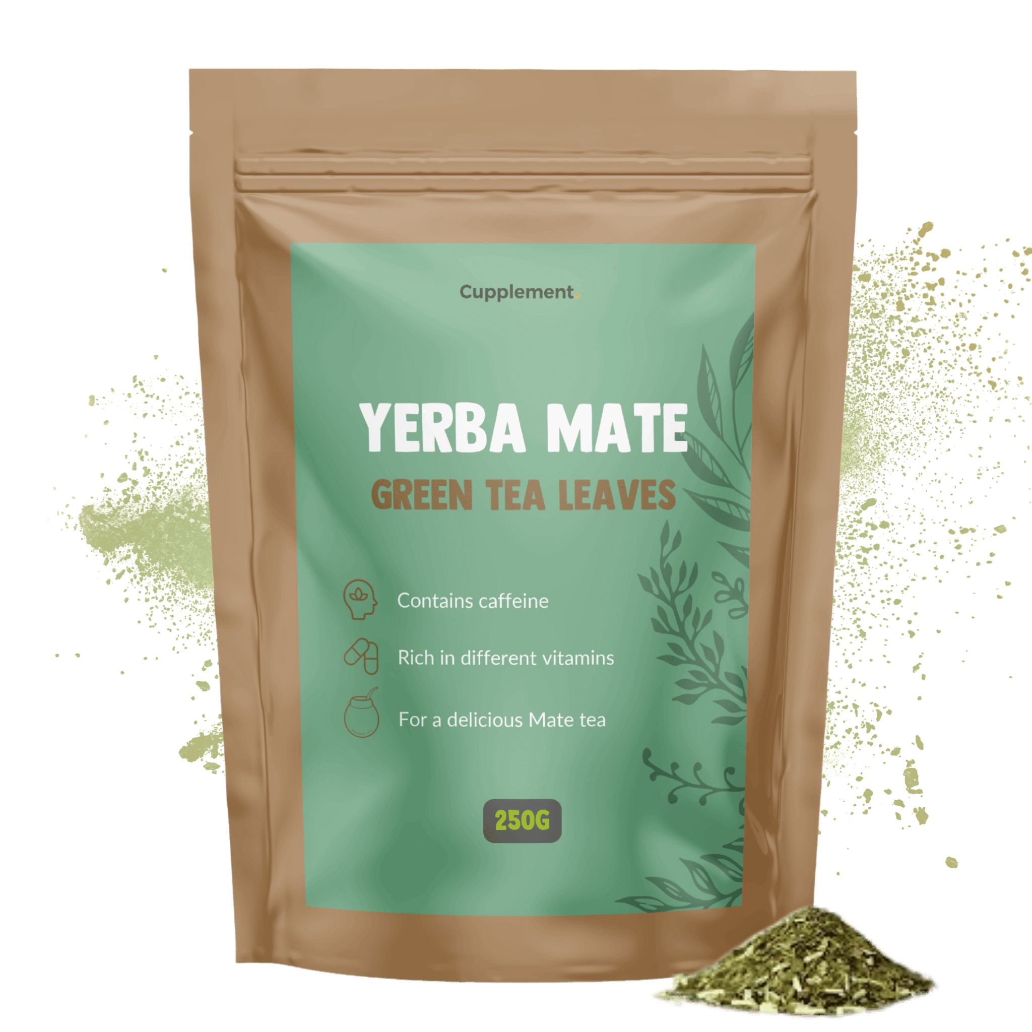 Beutel mit Yerba Mate-Tee. Aufschrift: Yerba Mate, Green Tea Leaves. 250g. Enthält Koffein, reich an Vitaminen.