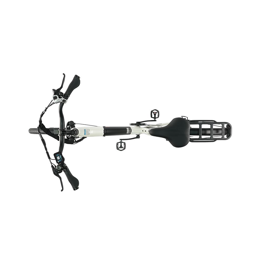 Draufsicht auf ein weißes Elektrofahrrad mit schwarzen Reifen. Sichtbare Marke: TTGO.