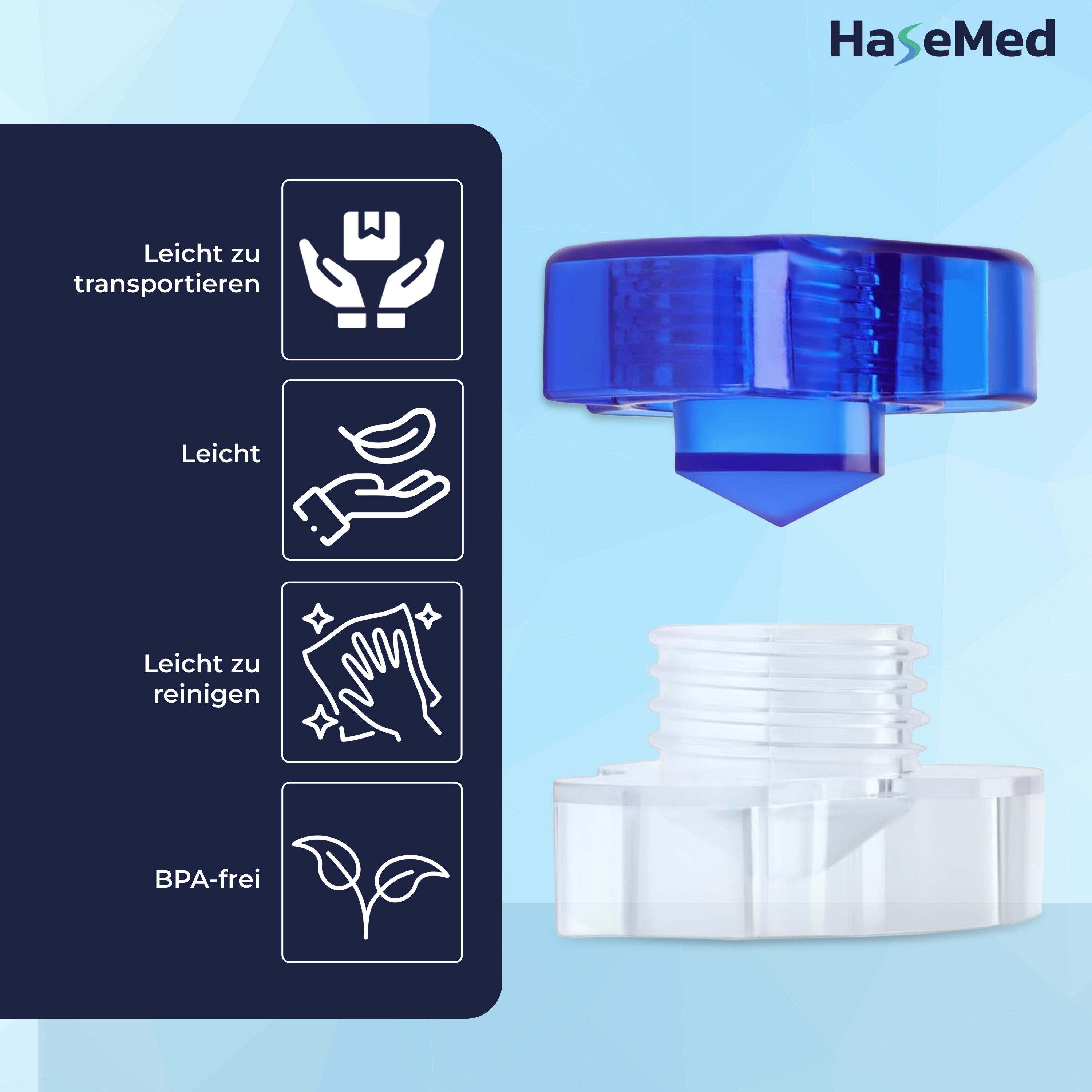 HaseMed Tablettenmörser, blau-transparent. Text: Leicht zu transportieren, leicht, leicht zu reinigen, BPA-frei.