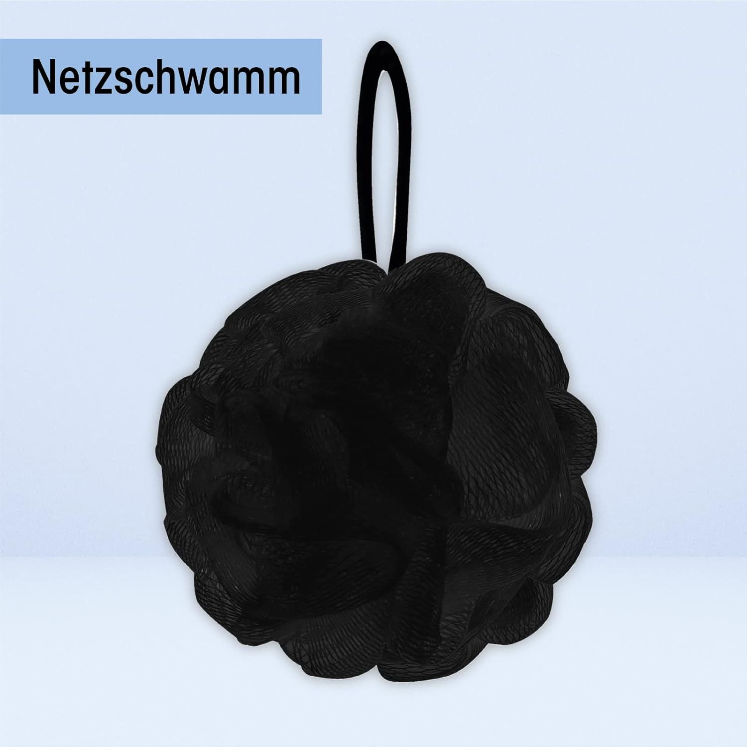 Schwarzer Badeschwamm mit Aufhängeschlaufe.