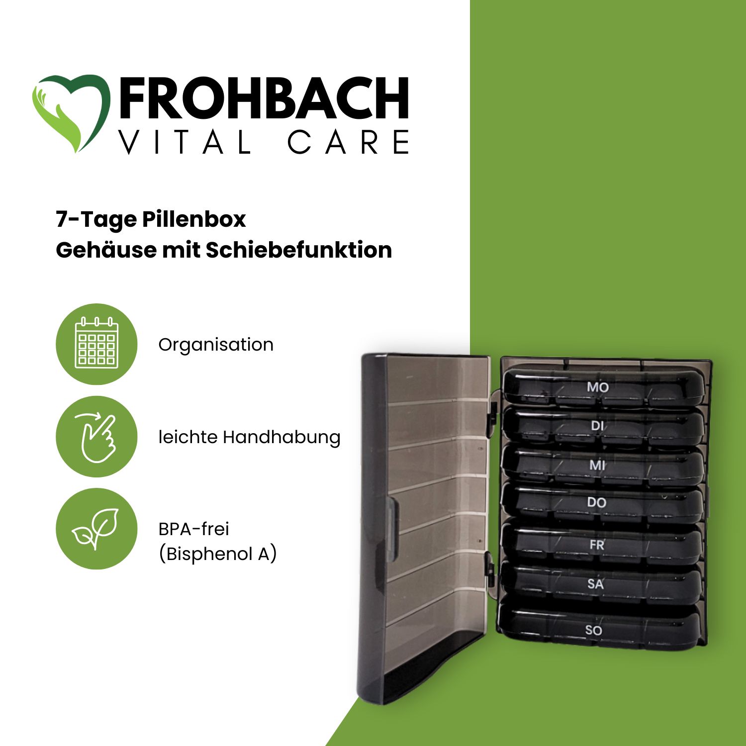 Geöffnete schwarze Tablettenbox mit Wochentagen beschriftet. Text: Frohbach Vital Care, 7-Tage Pillenbox.