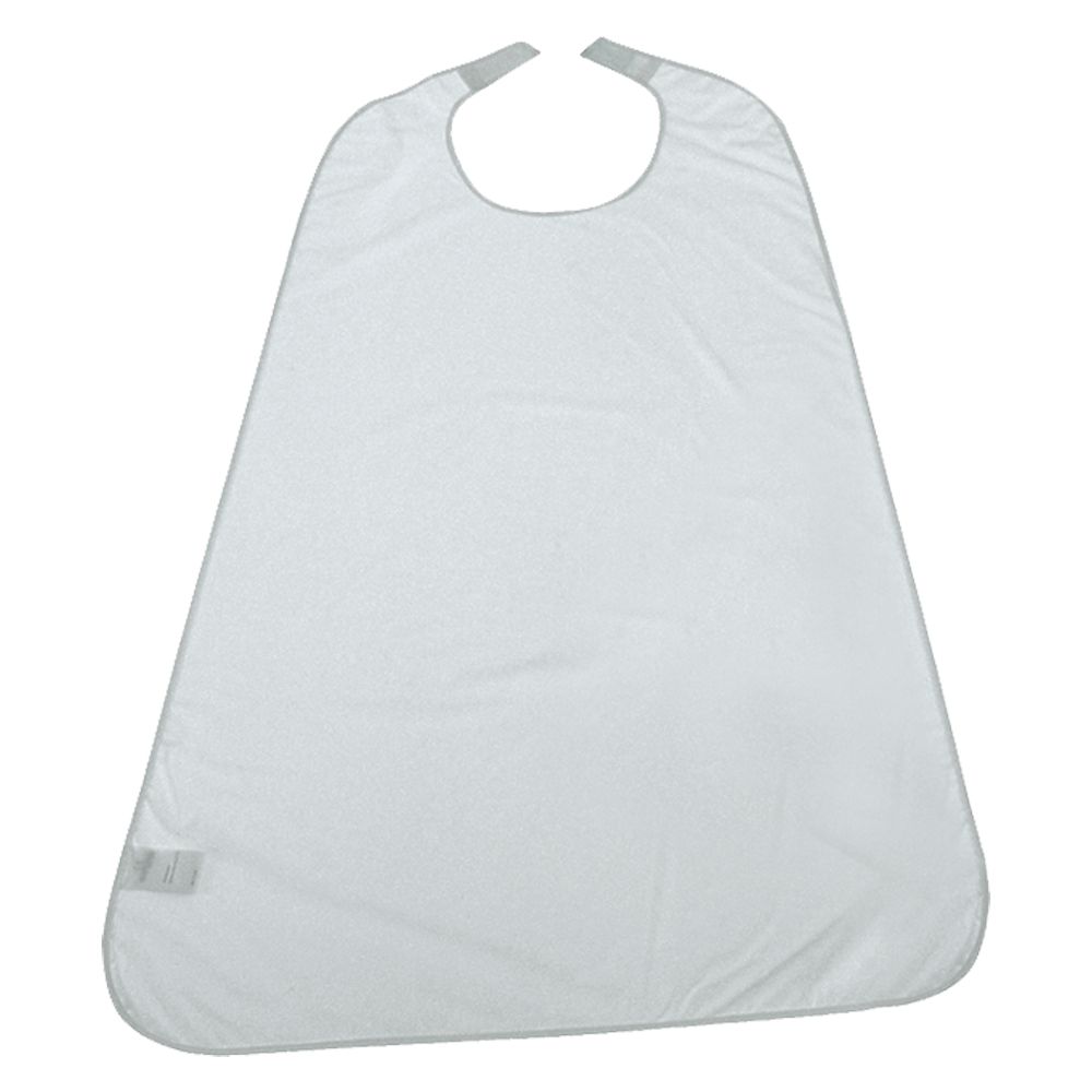 Weißes PVC Ess-Schürze/Lätzchen mit grauem Rand und Nackenband.
