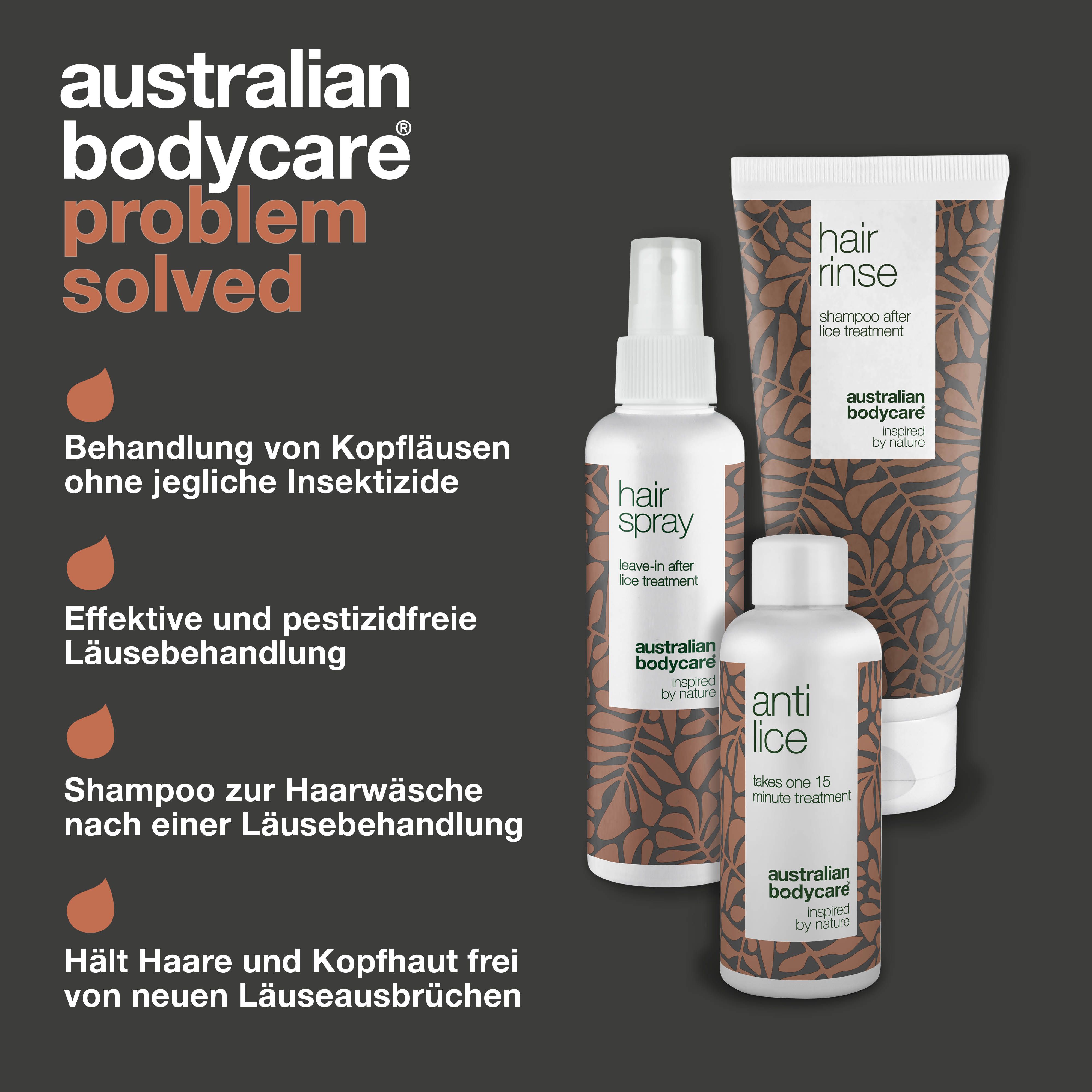 Drei Produkte: Hair Rinse, Hair Spray und Anti Lice. Text: Australian Bodycare. Problem gelöst. Ohne Insektizide.
