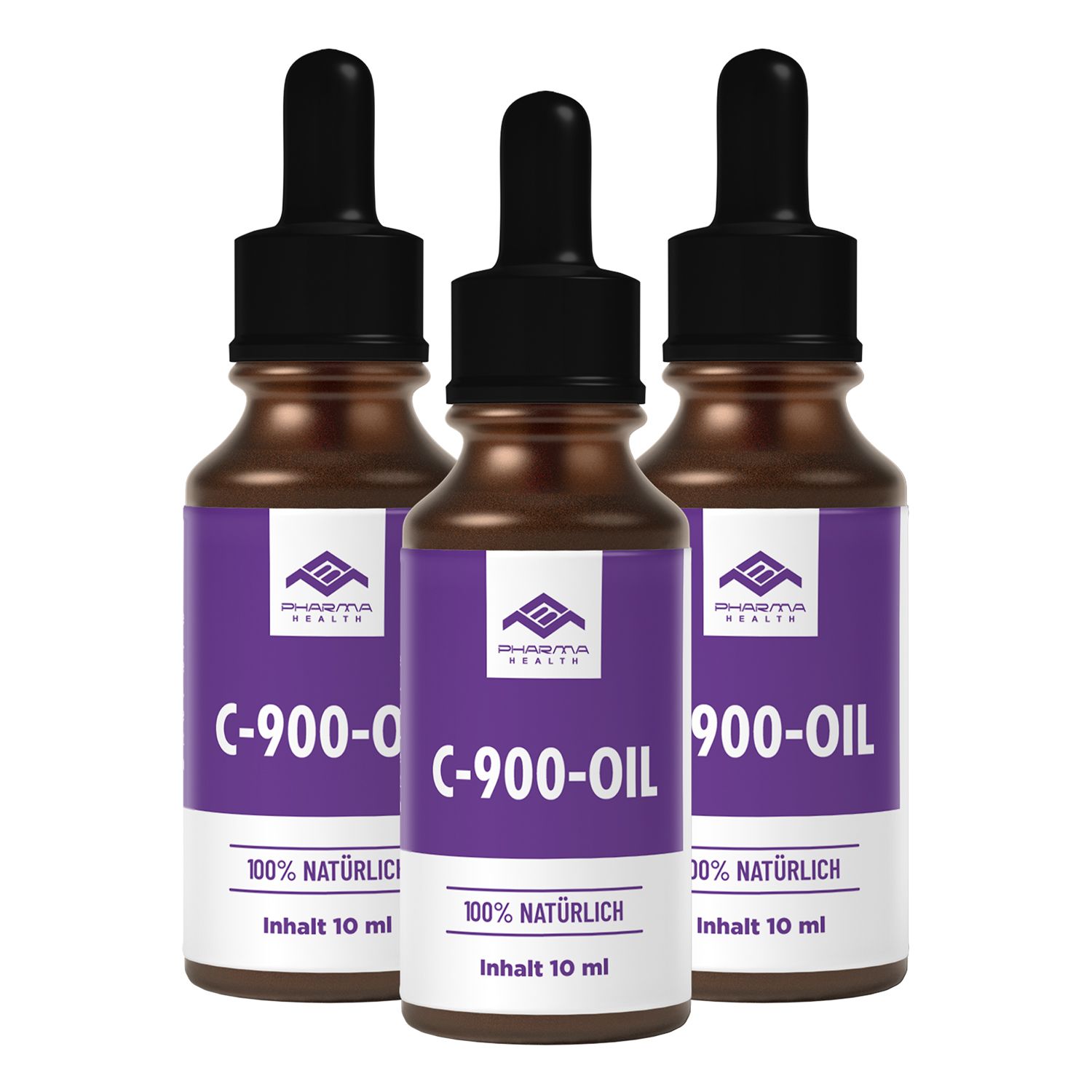 Drei braune Flaschen mit schwarzen Pipetten. Auf den lila Etiketten steht "Pharma Health", "C-900-OIL" und "100% NATÜRLICH".