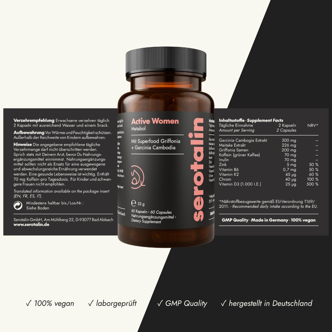 Braune Flasche mit Kapseln. Text: serotalin Active Women Metabol. Inhaltsstoffe, Nährwertangaben, GMP Quality.
