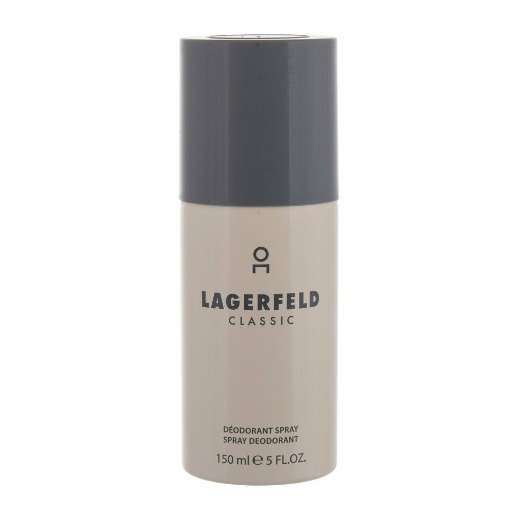 Deospray-Flasche. Beige-farbener Zylinder mit grauem Deckel. Aufschrift: LAGERFELD CLASSIC, Deodorant Spray, 150 ml e 5 FL.OZ.
