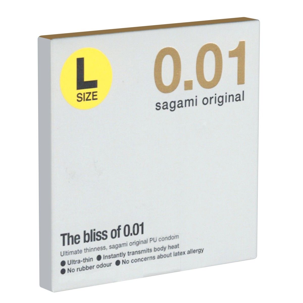 Packung Sagami Original 0.01 L-Größe Kondome. Dünn, latexfrei, geruchsneutral.