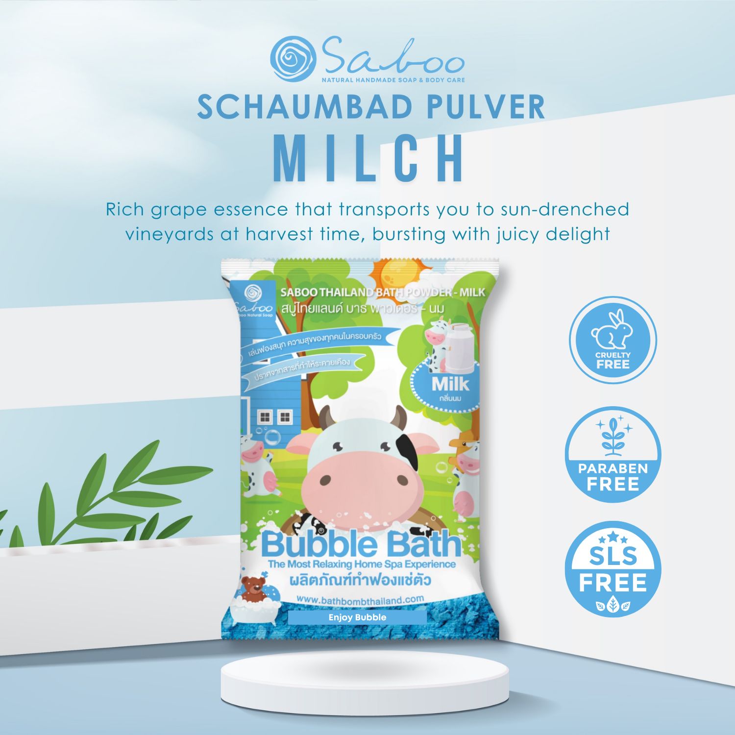 SABOO Schaumbad Pulver - Milch. Verpackung mit Kuh-Illustration. Logos: Safety Free, Paraben Free, SLS Free.