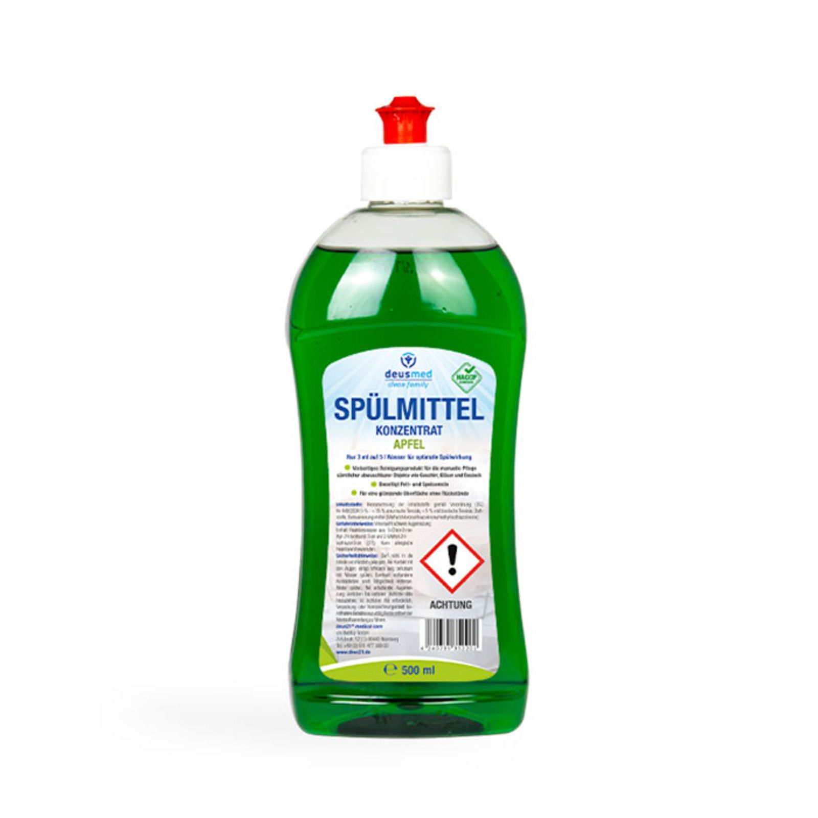 Grüne Spülmittelflasche mit rotem Deckel. Aufschrift: Spülmittel Konzentrat Apfel. Warnhinweis und Volumenangabe 500 ml.
