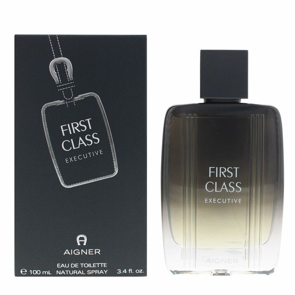 Flakon und Verpackung. Flakon: grau, rechteckig, Aufschrift FIRST CLASS EXECUTIVE und AIGNER. Verpackung: schwarz, Anhänger-Motiv.