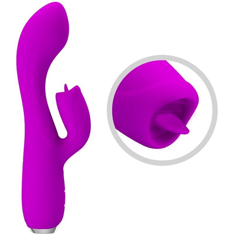 Lila Vibrator mit Kaninchenohren-Design. Detailansicht der Spitze. Auf weißem Hintergrund.