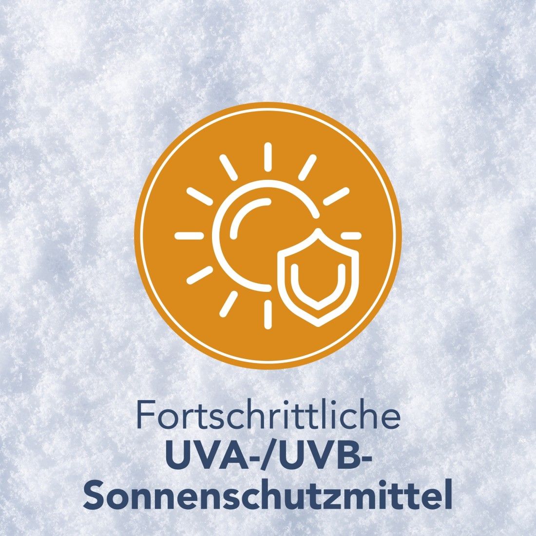 Symbol mit Sonne und Schild. Text: Fortschrittliche UVA-/UVB-Sonnenschutzmittel.