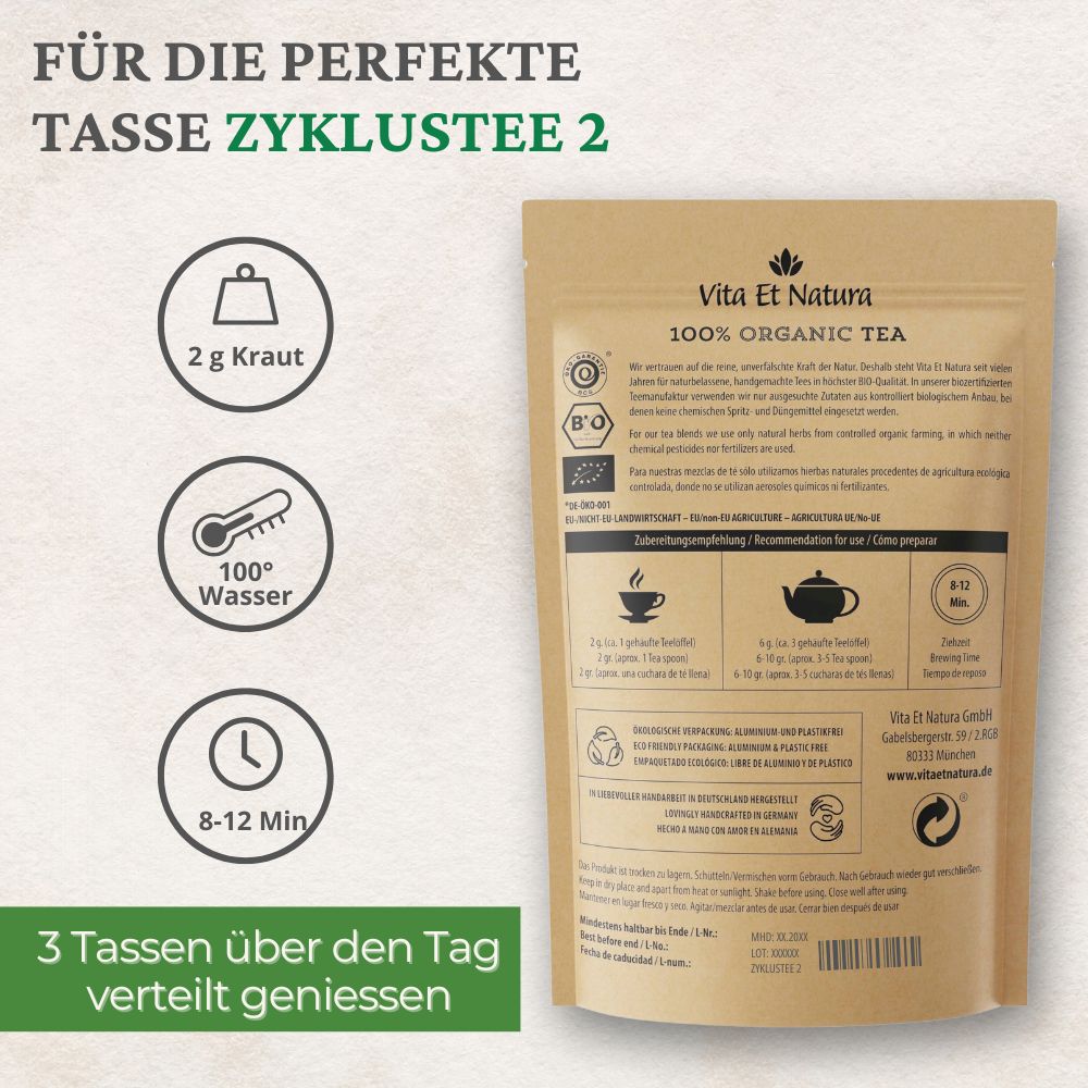 Braune Verpackung mit Text: Für die perfekte Tasse Zyklustee 2. Illustrationen: 2 g Kraut, 100° Wasser, 8-12 Min. Bio-Siegel.