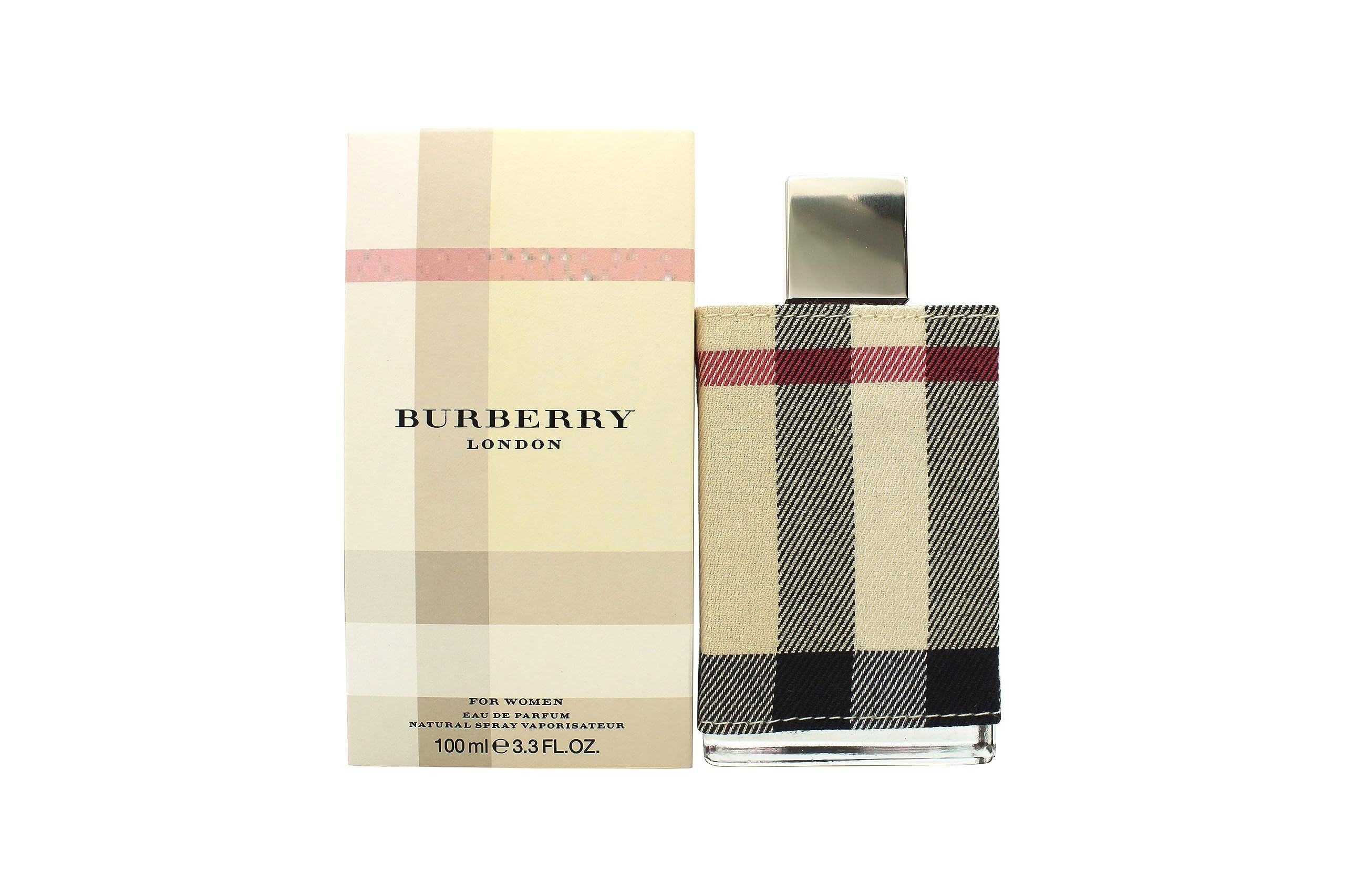 Burberry London Eau de Parfum und Verpackung. Flakon und Box mit kariertem Muster. Schwarzer Deckel, beige Box.