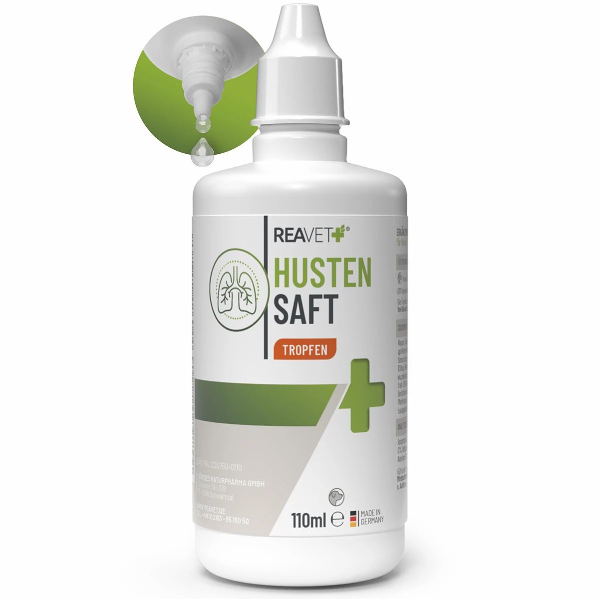 Weiße Tropfflasche mit grünem Etikett für Bronchial Liquid Tropfen, 110ml.