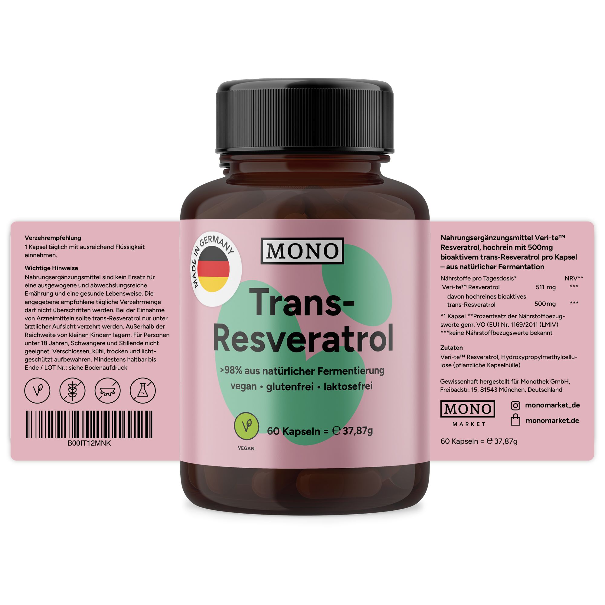 Braune Flasche mit schwarzen Deckel. Etikett mit MONO, Trans-Resveratrol, vegan, glutenfrei, laktosefrei. 60 Kapseln. Zusätzliche Etiketten.