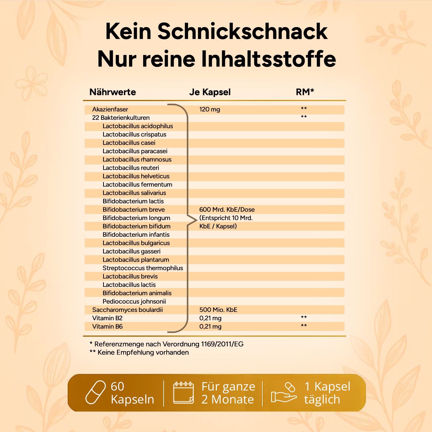 Nährwerttabelle. 22 Bakterienkulturen. 60 Kapseln, für 2 ganze Monate, 1 Kapsel täglich. Enthält u.a. Bifidobakterien und Vitamin B2.