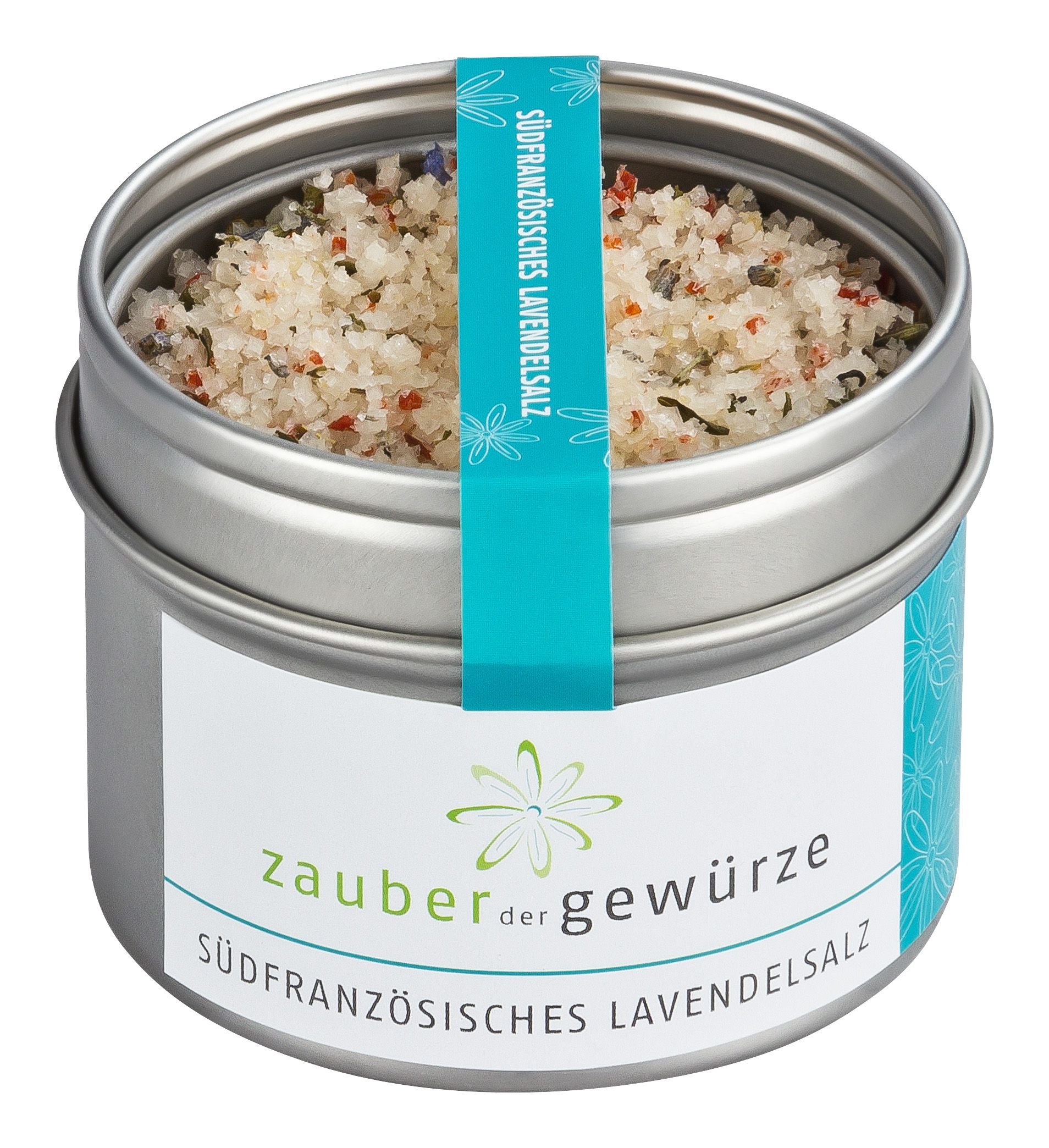 Runde Metalldose mit Lavendelsalz. Türkisfarbenes Etikett mit Schriftzug. Salz mit Kräutern sichtbar.