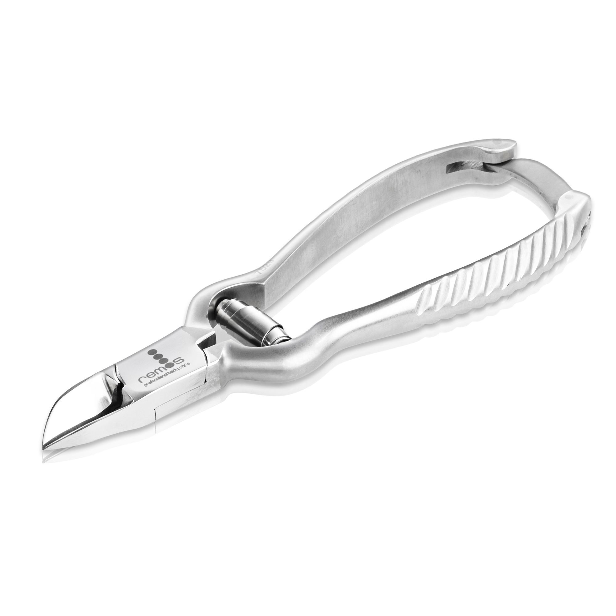 Edelstahl-Nagelzange mit gebogener Klinge und Verriegelungsmechanismus.